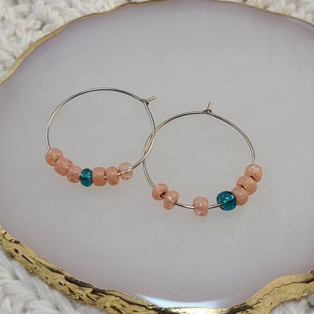Beaded Hoop Earrings Silver Tone Pink Teal Seed Bead Fashion Jewelry